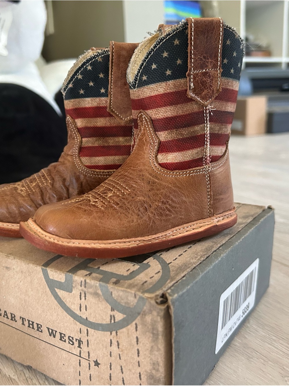 Roper Kids Brown Cowboy Boots with Red, White & Blue Flag Shaft
